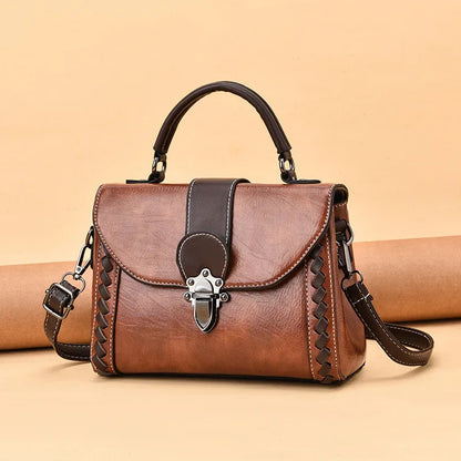 Brown Elegant Women's PU Leather Top Handle Satchel - Versatile Crossbody Bag with Classic Clasp & Braided Detail - Mekamart Australia