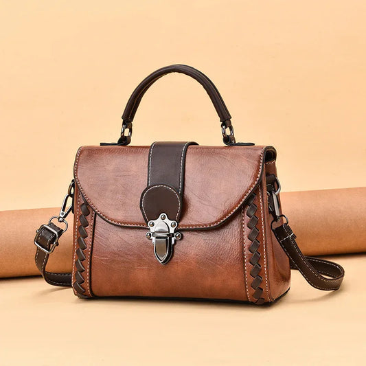 Brown Elegant Women's PU Leather Top Handle Satchel - Versatile Crossbody Bag with Classic Clasp & Braided Detail - Mekamart Australia