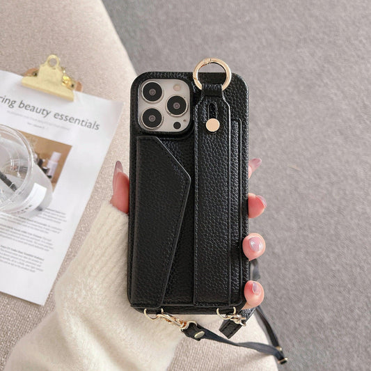 Black Chic PU Leather Crossbody Wallet Case for iPhone 16 Pro - Card Holder with Detachable Strap & Finger Ring Grip - Mekamart Australia