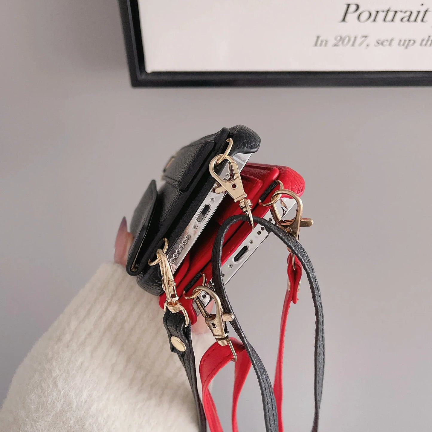 Black Chic PU Leather Crossbody Wallet Case for iPhone 16 Pro - Card Holder with Detachable Strap & Finger Ring Grip - Mekamart Australia