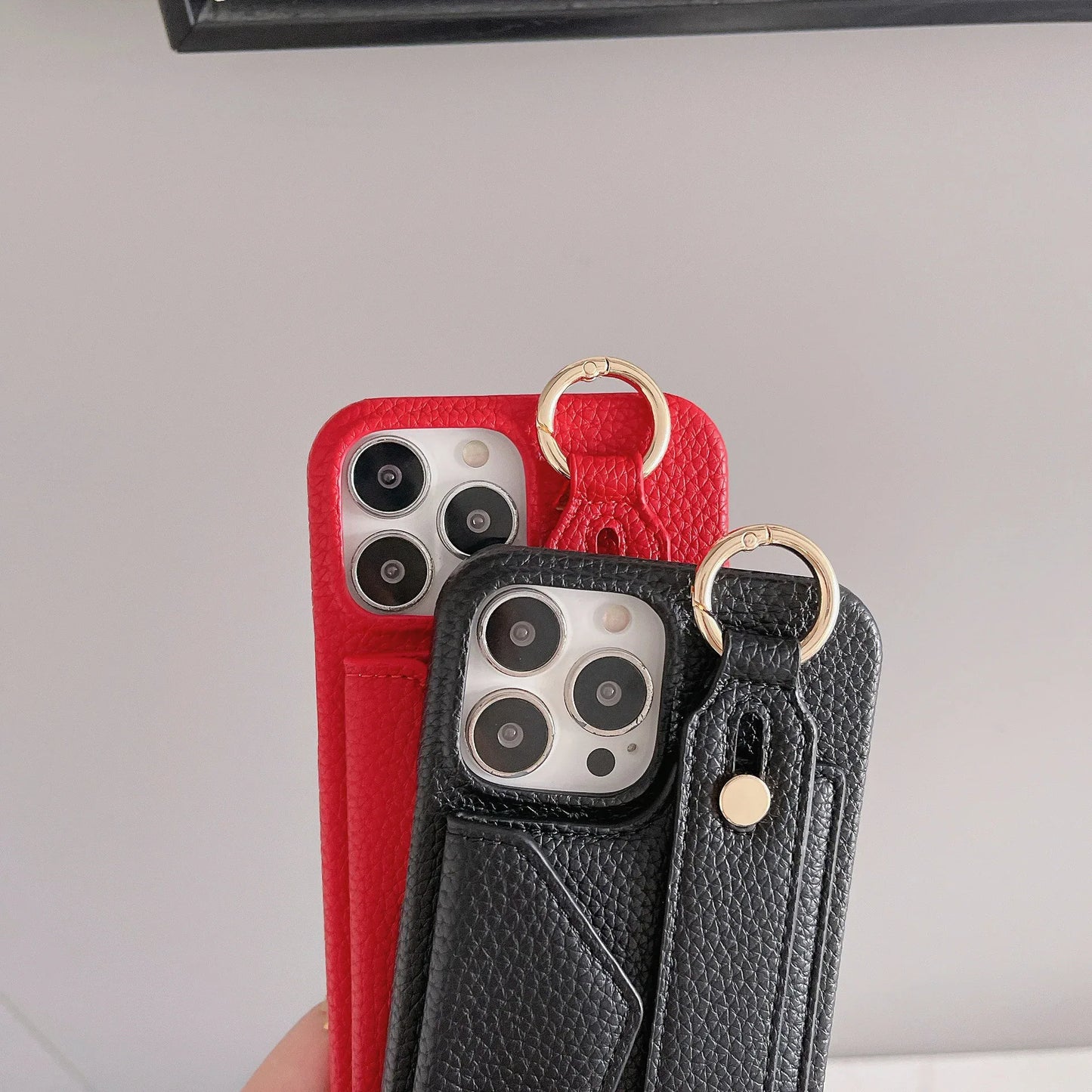 Black Chic PU Leather Crossbody Wallet Case for iPhone 16 Pro - Card Holder with Detachable Strap & Finger Ring Grip - Mekamart Australia