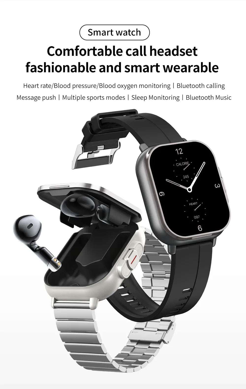 Black TPU Strap 2-in-1 Smartwatch with Built-in Earbuds - 2.01" HD Touchscreen, Bluetooth Calls, Health Monitor, Long Battery Life - Mekamart Australia