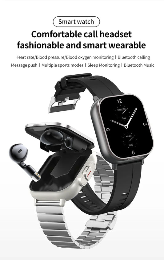 Black TPU Strap 2-in-1 Smartwatch with Built-in Earbuds - 2.01" HD Touchscreen, Bluetooth Calls, Health Monitor, Long Battery Life - Mekamart Australia