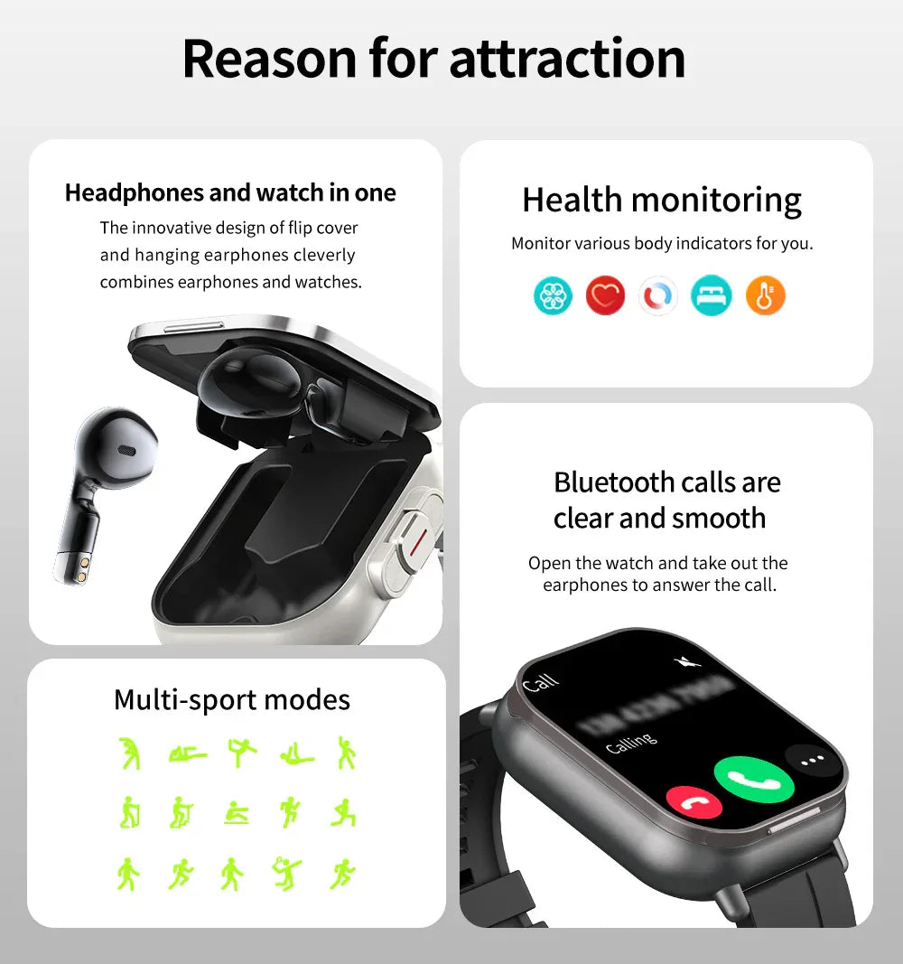 Black TPU Strap 2-in-1 Smartwatch with Built-in Earbuds - 2.01" HD Touchscreen, Bluetooth Calls, Health Monitor, Long Battery Life - Mekamart Australia