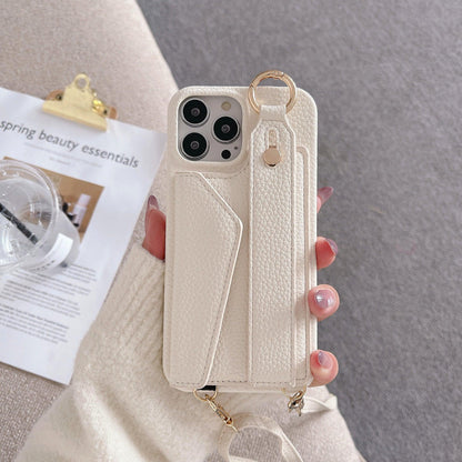 Beige Chic PU Leather Crossbody Wallet Case for iPhone 16 Pro Max - Card Holder with Detachable Strap & Finger Ring Grip - Mekamart Australia