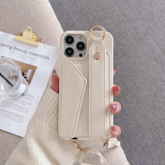 Beige Chic PU Leather Crossbody Wallet Case for iPhone 16 Pro Max - Card Holder with Detachable Strap & Finger Ring Grip - Mekamart Australia