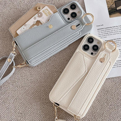 Beige Chic PU Leather Crossbody Wallet Case for iPhone 16 Pro Max - Card Holder with Detachable Strap & Finger Ring Grip - Mekamart Australia
