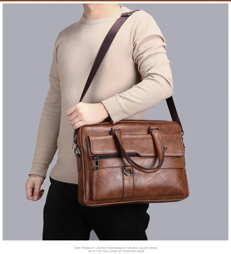 Brown Men's PU Leather Briefcase - Vintage Style Laptop Messenger Bag, Crossbody Satchel for Business & Casual - Mekamart Australia