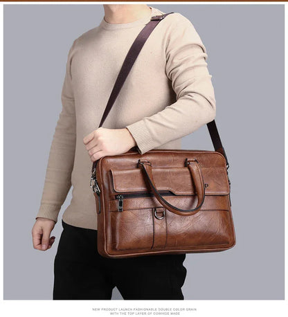 Brown Men's PU Leather Briefcase - Vintage Style Laptop Messenger Bag, Crossbody Satchel for Business & Casual - Mekamart Australia