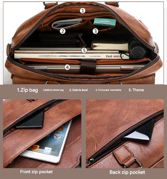 Brown Men's PU Leather Briefcase - Vintage Style Laptop Messenger Bag, Crossbody Satchel for Business & Casual - Mekamart Australia
