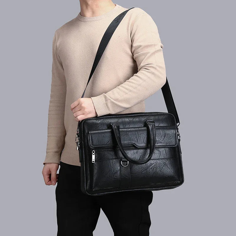 Black Men's PU Leather Briefcase - Vintage Style Laptop Messenger Bag, Crossbody Satchel for Business & Casual - Mekamart Australia