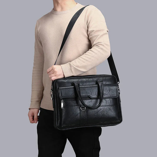 Black Men's PU Leather Briefcase - Vintage Style Laptop Messenger Bag, Crossbody Satchel for Business & Casual - Mekamart Australia