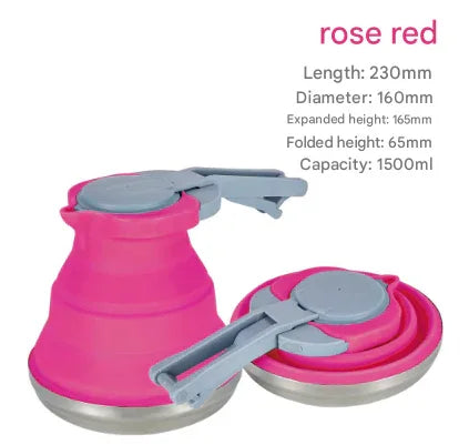 Rose Red 1.5L Collapsible Silicone Camping Kettle - Portable Foldable Travel Water Boiler, Stainless Steel Base