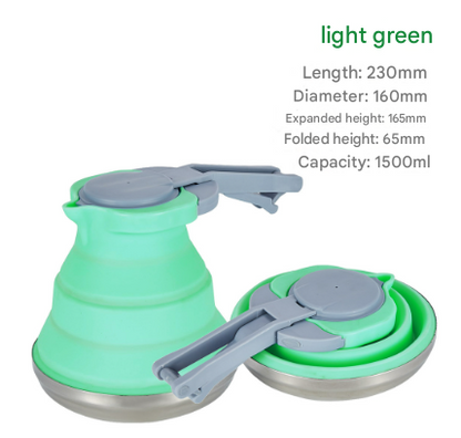 Light Green 1.5L Collapsible Silicone Camping Kettle - Portable Foldable Travel Water Boiler, Stainless Steel Base
