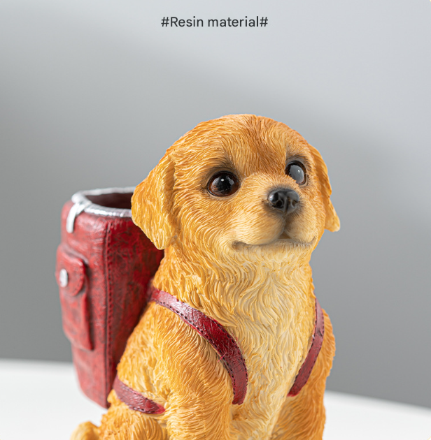 Blue Backpack Charming Golden Retriever Puppy Pen Holder - Resin Desktop Organizer & Decorative Figurine