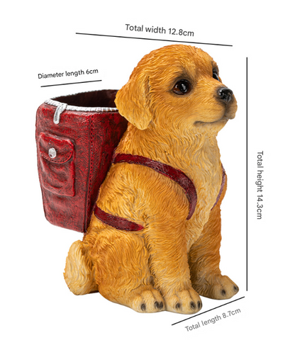 Red Backpack Charming Golden Retriever Puppy Pen Holder - Resin Desktop Organizer & Decorative Figurine
