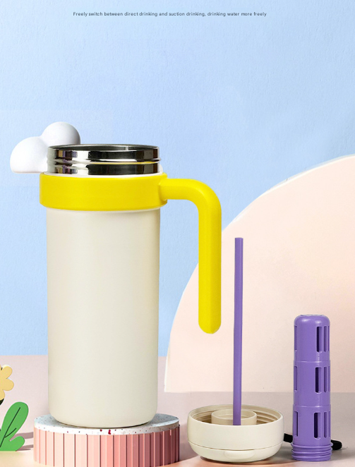 Beige and Yellow 700ml Insulated Stainless Steel Tumbler with Handle, Dual-Sip Lid, Straw & Tea Infuser