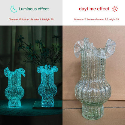 Green Elegant Glow-in-the-Dark Glass Vase - Vintage-Style Ruffled & Ribbed Centrepiece