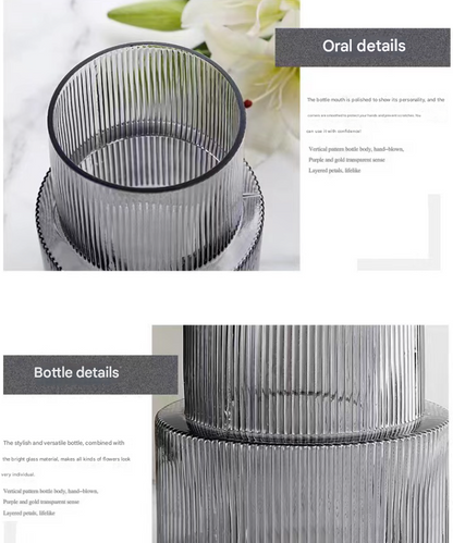 Grey Modern Two-Tier Ribbed Glass Vase - Elegant Cylindrical Flower Centrepiece for Home Decor