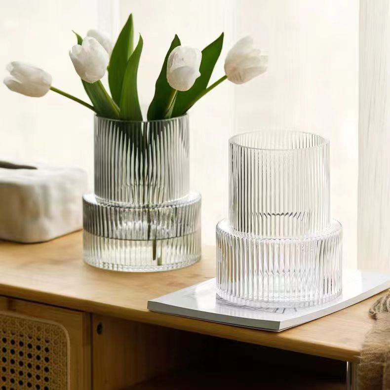 Pink Modern Two-Tier Ribbed Glass Vase - Elegant Cylindrical Flower Centrepiece for Home Decor