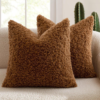 2 Pcs Brown Cozy Teddy Boucle Cushion Cover - Plush Decorative Square Pillow Case for Sofa & Bed - Mekamart Australia