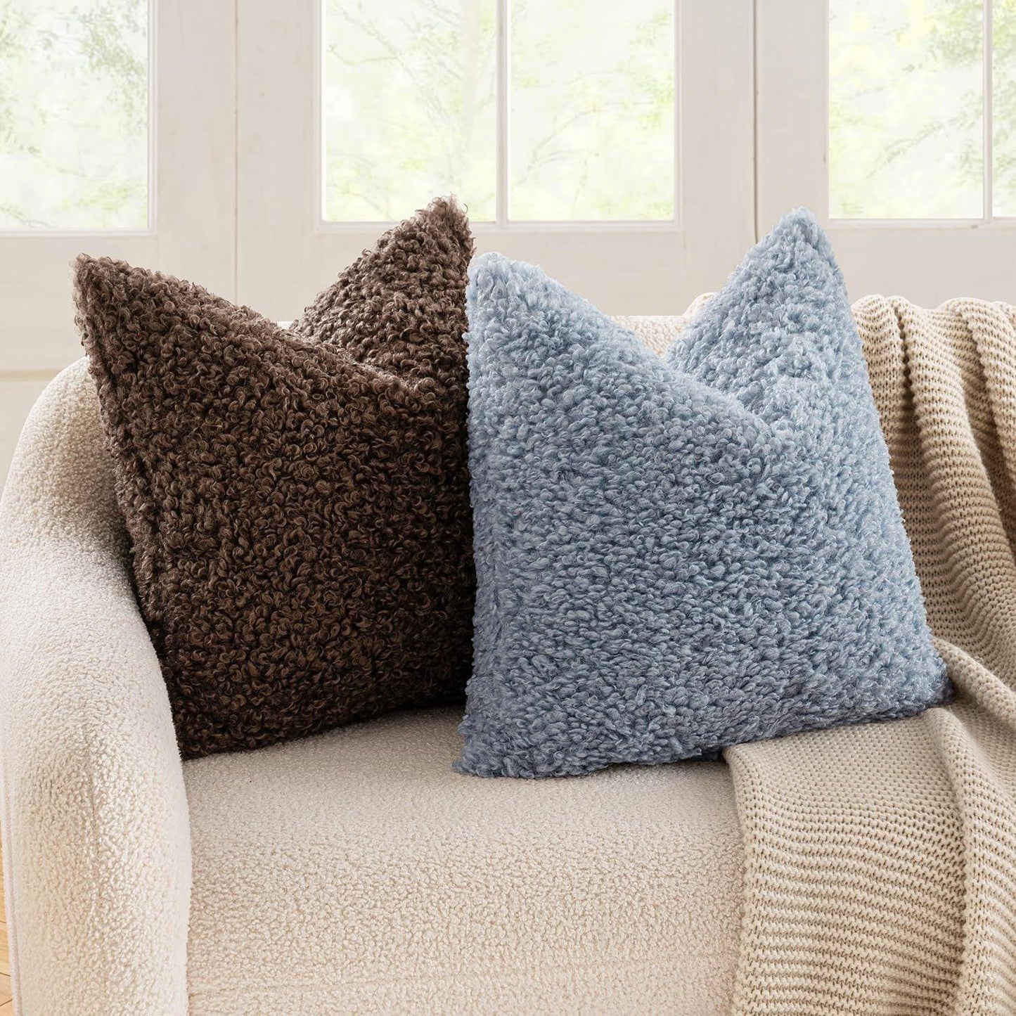 2 Pcs Brown Cozy Teddy Boucle Cushion Cover - Plush Decorative Square Pillow Case for Sofa & Bed - Mekamart Australia