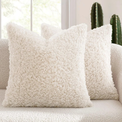 2 Pcs White Cozy Teddy Boucle Cushion Cover - Plush Decorative Square Pillow Case for Sofa & Bed - Mekamart Australia