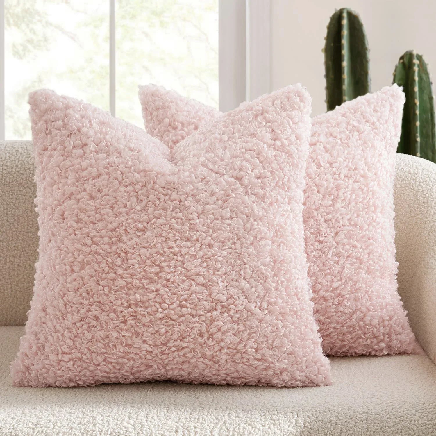 2 Pcs Pink Cozy Teddy Boucle Cushion Cover - Plush Decorative Square Pillow Case for Sofa & Bed - Mekamart Australia