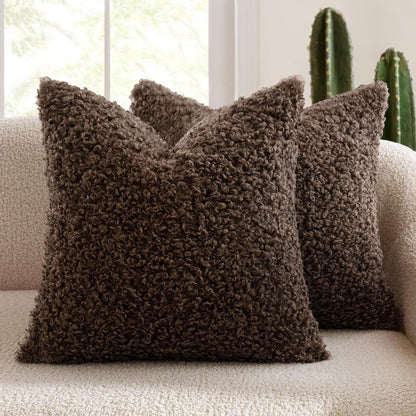 2 Pcs Coffee Cozy Teddy Boucle Cushion Cover - Plush Decorative Square Pillow Case for Sofa & Bed - Mekamart Australia