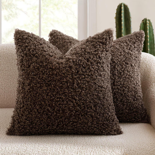 2 Pcs Coffee Cozy Teddy Boucle Cushion Cover - Plush Decorative Square Pillow Case for Sofa & Bed - Mekamart Australia