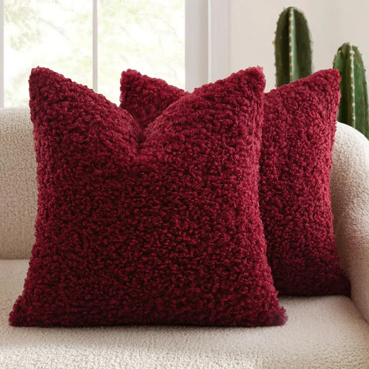 2 Pcs Red Cozy Teddy Boucle Cushion Cover - Plush Decorative Square Pillow Case for Sofa & Bed - Mekamart Australia