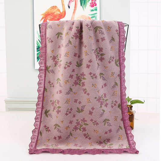 Purple Vintage Floral Lace Trim Towel Set - Ultra Soft Absorbent Coral Fleece Bath & Face Towel