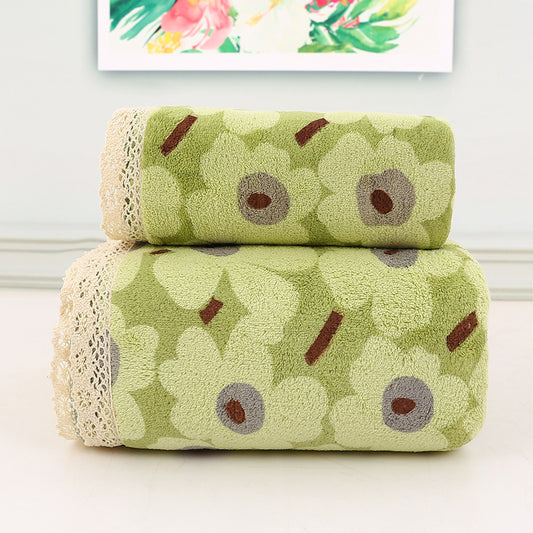 Green Vintage Floral Lace Trim Towel Set - Ultra Soft Absorbent Coral Fleece Bath & Face Towel