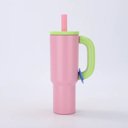 Pink 40oz Macron Stainless Steel Insulated Tumbler with Handle and Straw - 14.8 x 10.5 x 28 cm Large Capacity Car-Friendly Travel Mug - Mekamart Australia
