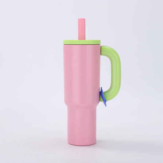 Pink 40oz Macron Stainless Steel Insulated Tumbler with Handle and Straw - 14.8 x 10.5 x 28 cm Large Capacity Car-Friendly Travel Mug - Mekamart Australia