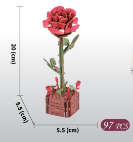 Red Rose DIY 3D Wooden Flower Puzzle Toy - Educational Kids' Assembly Set