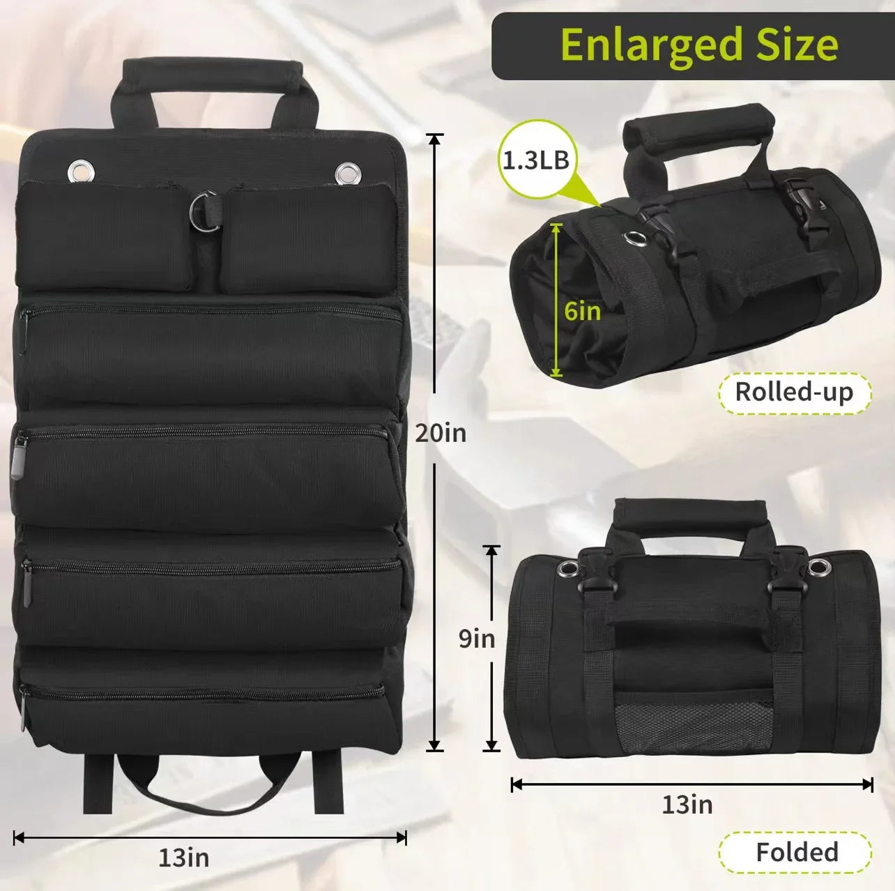 Black Heavy-Duty Tool Organizer Roll with Detachable Pouches - Mekamart Australia