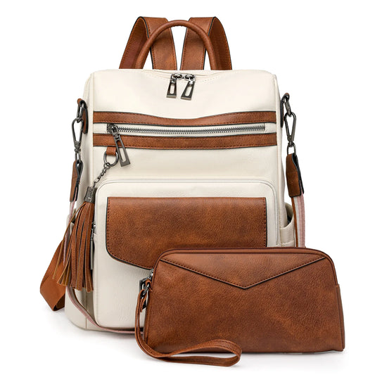 White-brown Women's Retro PU Leather Backpack - Dual-Color Tassel Design, Winter High-End Style - Mekamart Australia