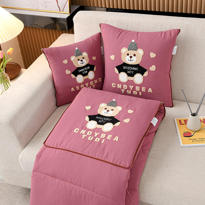 Pink Cap Bear 2-in-1 Foldable Car Pillow Blanket - Cozy 40x40cm Pillow, Unfolds to 100x150cm Blanket for Travel and Office Naps