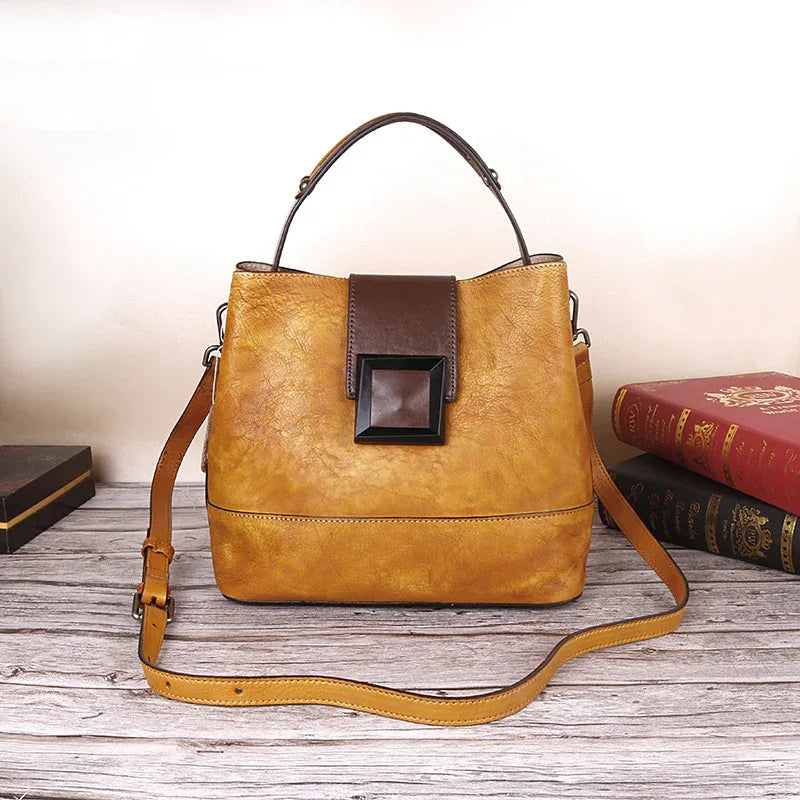 Vintage Yellow Leather Handbag - Elegant Multi-Functional Design - Mekamart Australia