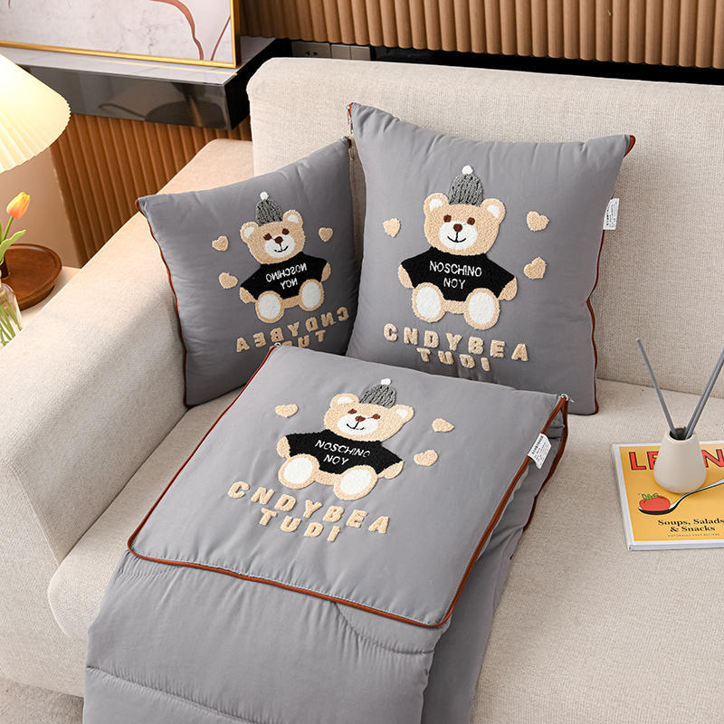 Grey Cap Bear 2-in-1 Foldable Car Pillow Blanket - Cozy 40x40cm Pillow, Unfolds to 100x150cm Blanket for Travel and Office Naps