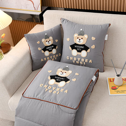 Grey Cap Bear 2-in-1 Foldable Car Pillow Blanket - Cozy 40x40cm Pillow, Unfolds to 100x150cm Blanket for Travel and Office Naps