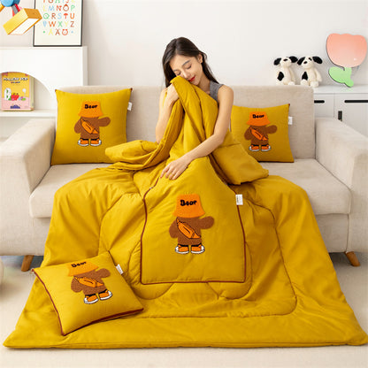 Yellow Fashion Bear 2-in-1 Foldable Car Pillow Blanket - Cozy 40x40cm Pillow, Unfolds to 100x150cm Blanket for Travel and Office Naps