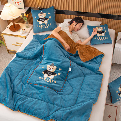 Lake Blue Padded Thickened Hat Bear 2-in-1 Foldable Car Pillow Blanket - Cozy 40x40cm Pillow, Unfolds to 100x150cm Blanket for Travel and Office Naps