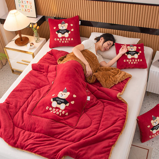 Wine Red Padded Thickened Hat Bear 2-in-1 Foldable Car Pillow Blanket - Cozy 40x40cm Pillow, Unfolds to 100x150cm Blanket for Travel and Office Naps