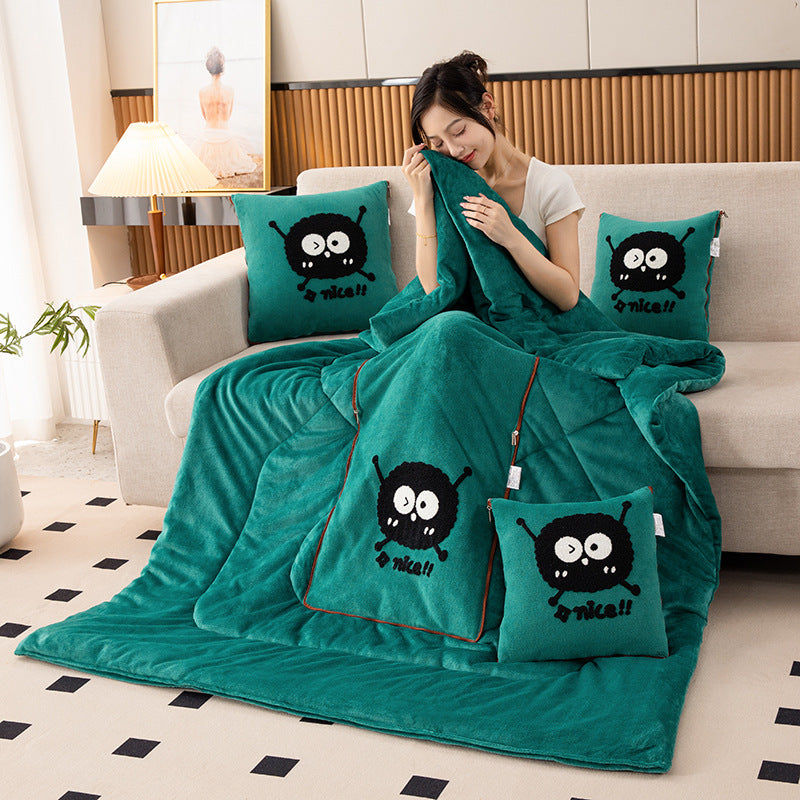 Green Padded and Thickened Elf 2-in-1 Foldable Car Pillow Blanket - Cozy 40x40cm Pillow, Unfolds to 100x150cm Blanket for Travel and Office Naps