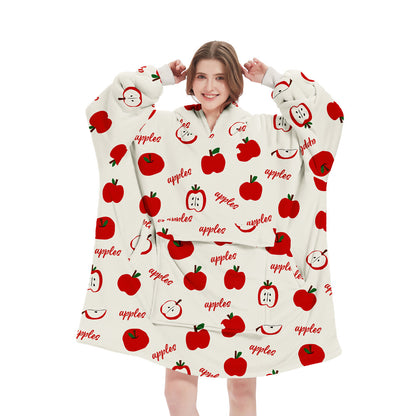 Apple Pattern Oversized Wearable Blanket Hoodie - Ultra Soft & Cozy Snuggle Pullover for Adults