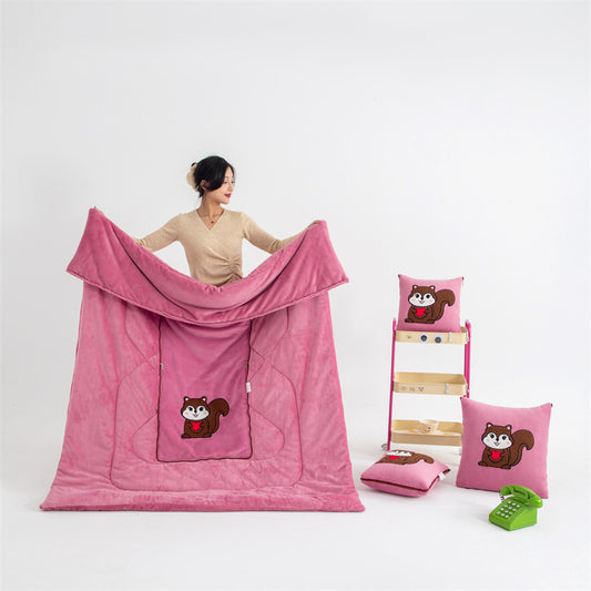 Pink Little Squirrel - 2-in-1 Foldable Car Pillow Blanket - Cozy 40x40cm Pillow, Unfolds to 100x150cm Blanket for Travel and Office Naps