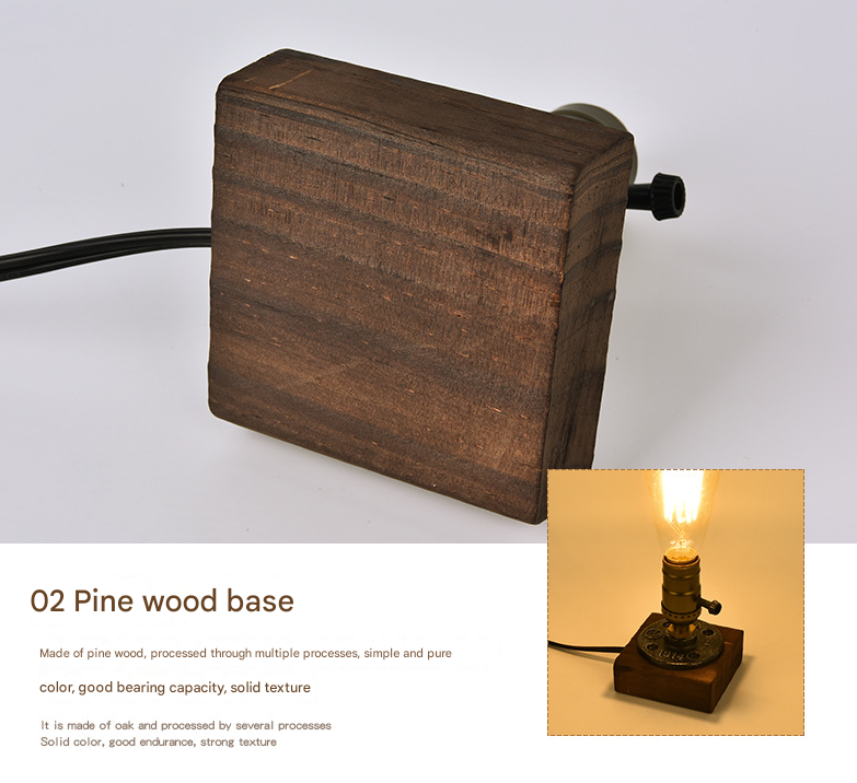 Rustic Industrial Table Lamp Vintage Wooden Base Accent Light
