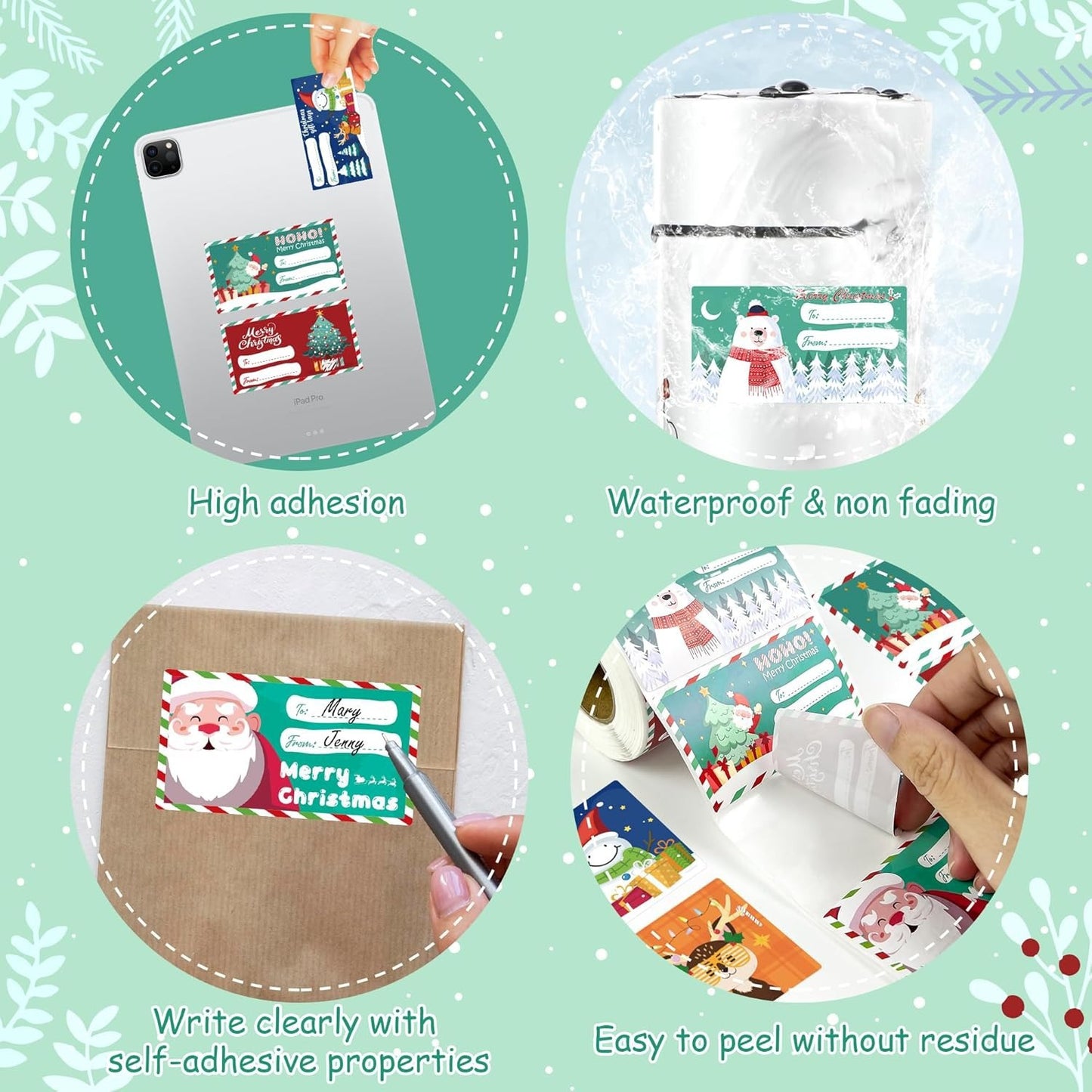 Set of 4 Christmas Gift Tag Sticker Rolls - 2000 Self-Adhesive Labels for Presents